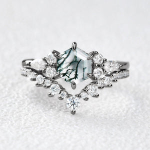 Vintage Hexagon Cut Moss Agate Engagement Ring Set 2pcs - Inaya
