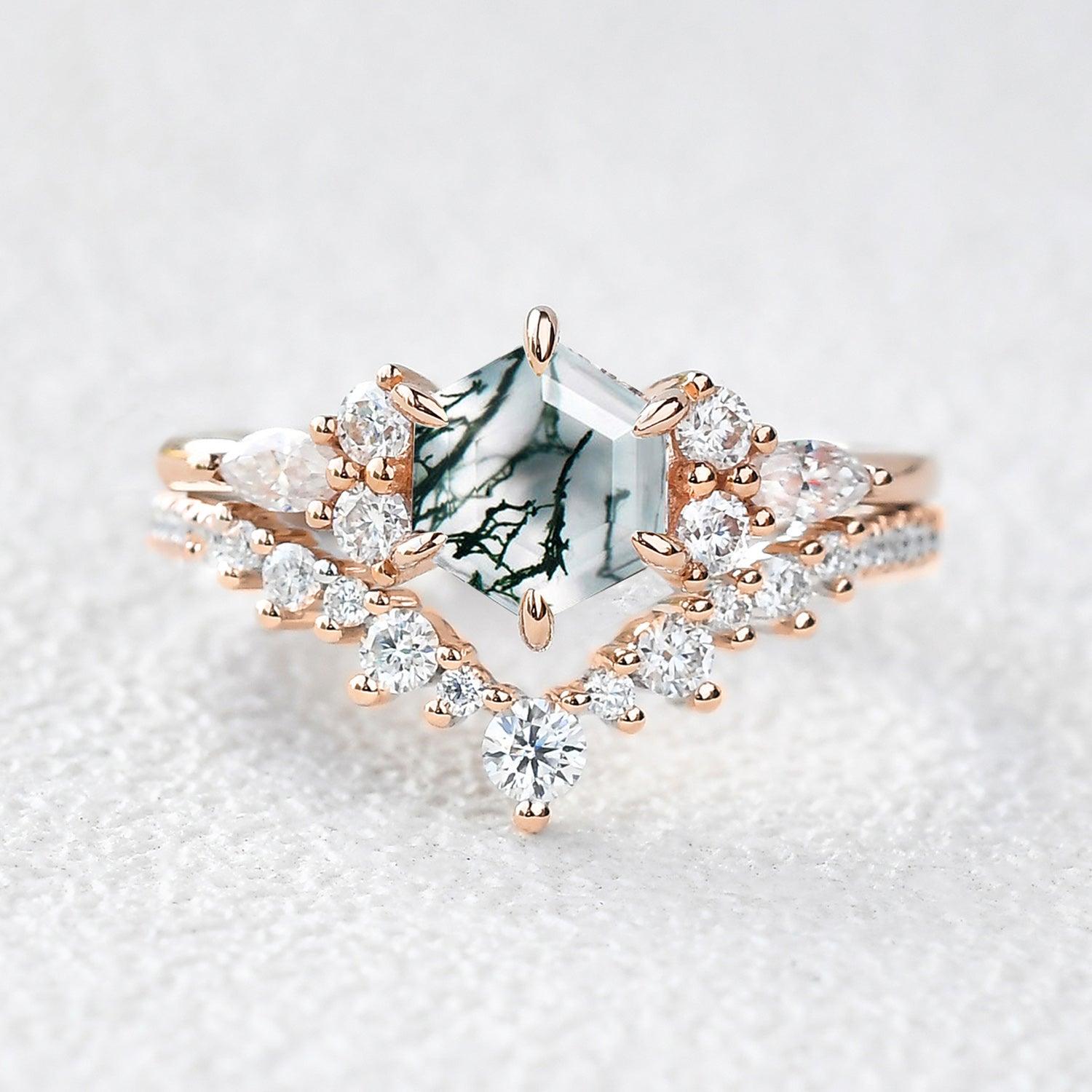 Vintage Hexagon Cut Moss Agate Engagement Ring Set 2pcs - Inaya