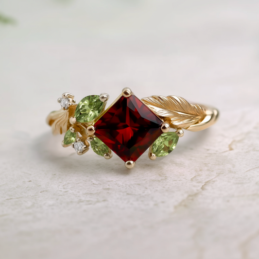 Gold Garnet Engagement Ring, Deep red Garnet engagement ring, Princess Cut Red Garnet Ring