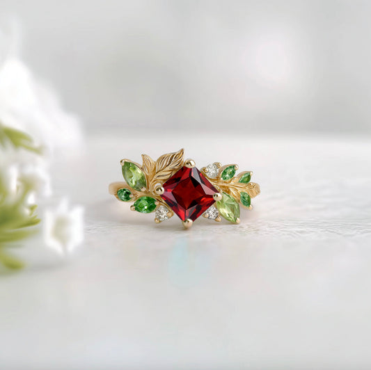 Princess cut red Garnet Ring, Garnet engagement ring, Square Garnet Ring