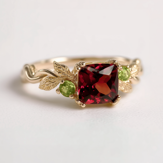 Wineleaf cushion Garnet Ring, Deep red Garnet engagement ring, Red Garnet Ring (Copy)