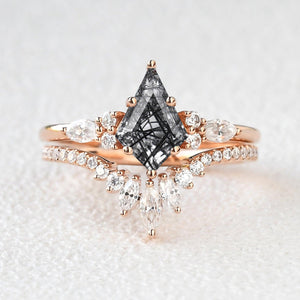 Kite Cut Moss Agate Three Stone Engagement Ring Set 2pcs - Rebecca