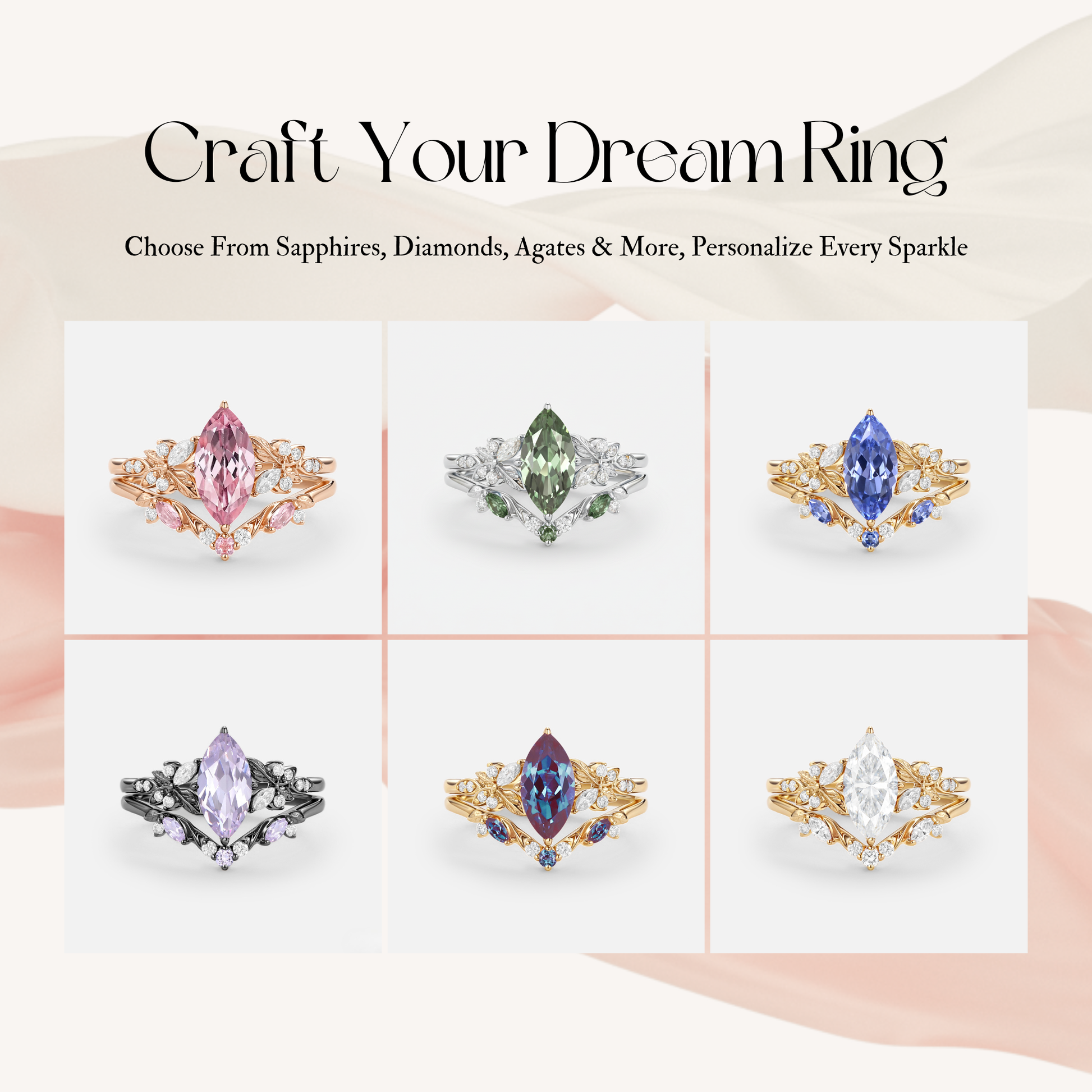 Peony Marquise Lab Pink Sapphire Leafy Engagement Ring Sets 2pcs