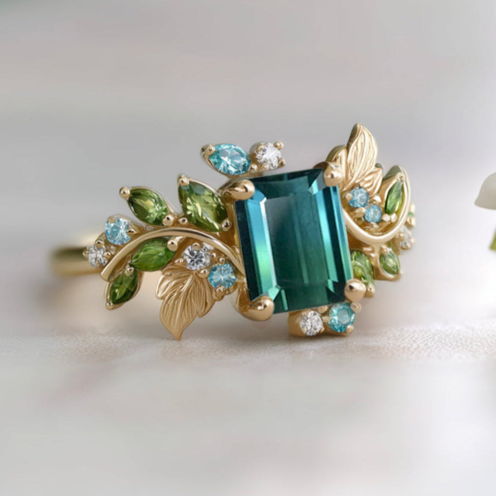 Blue Green Tourmaline Engagement Ring, Solid Gold Tourmaline Engagement Ring