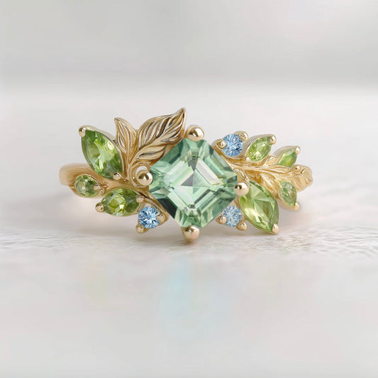 Mint Green Tourmaline Engagement Ring, Multicolor birthstone Engagement Ring