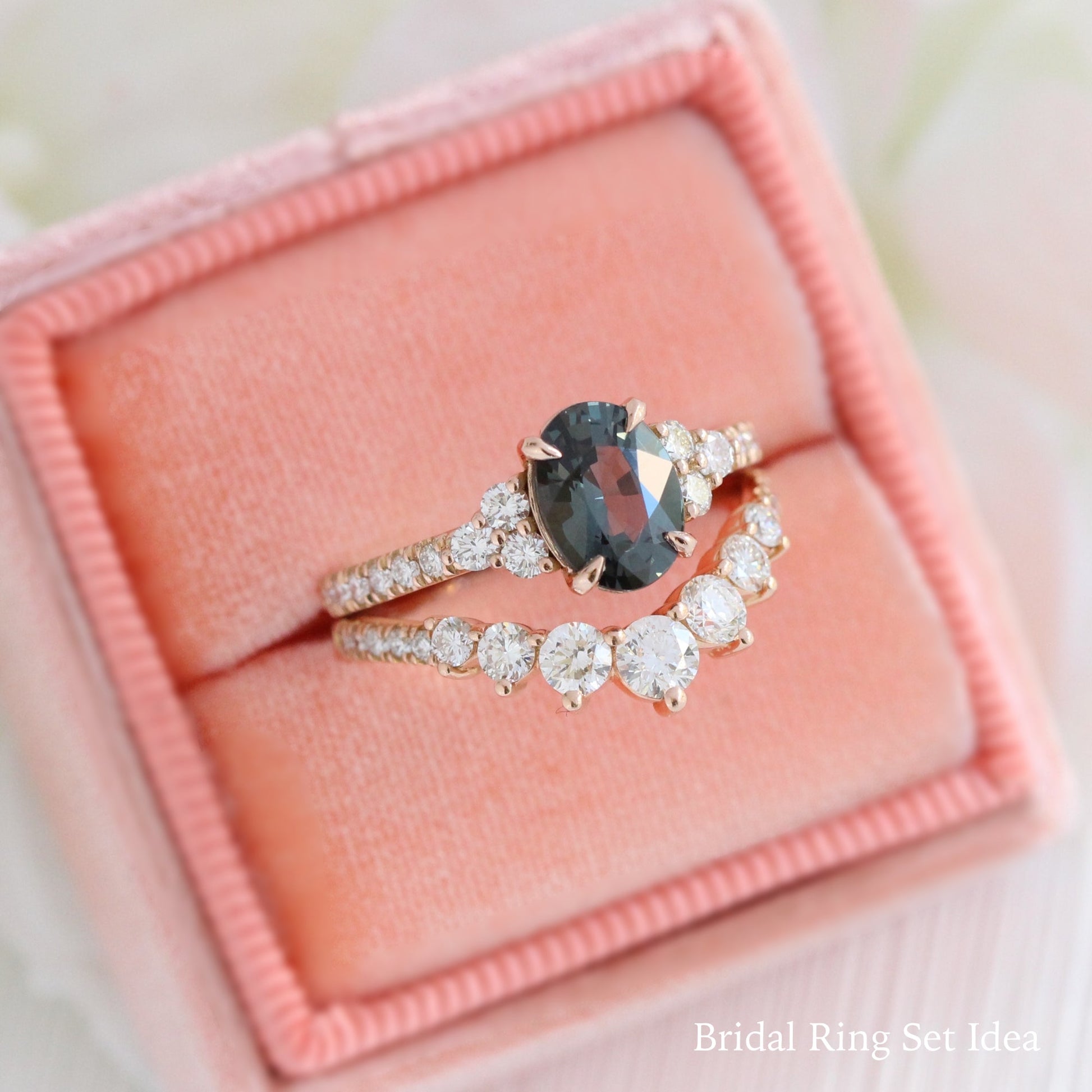 Oval Grey Spinel Diamond Ring in 14k Rose Gold 3 Stone Pave Band, Size 6.25