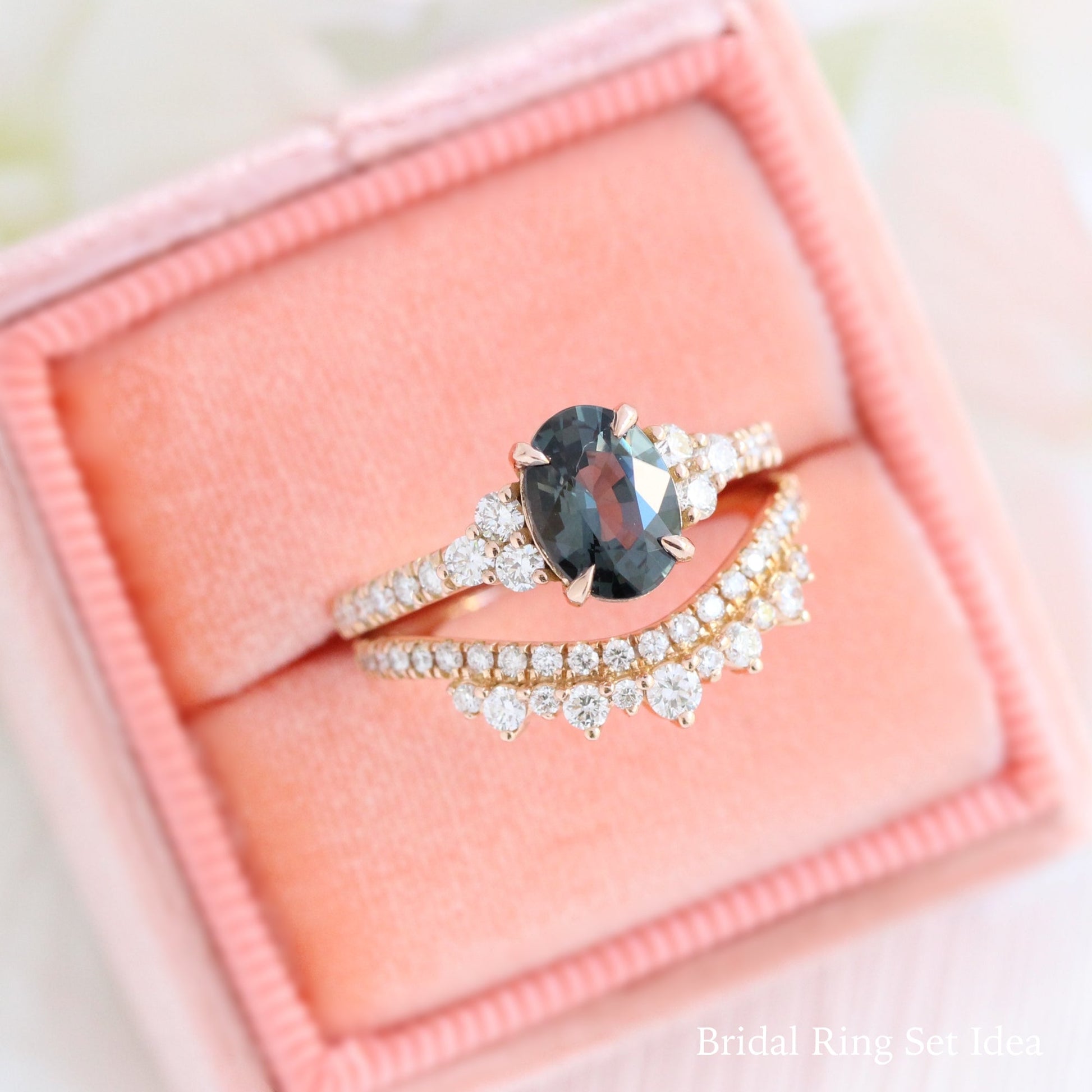 Oval Grey Spinel Diamond Ring in 14k Rose Gold 3 Stone Pave Band, Size 6.25