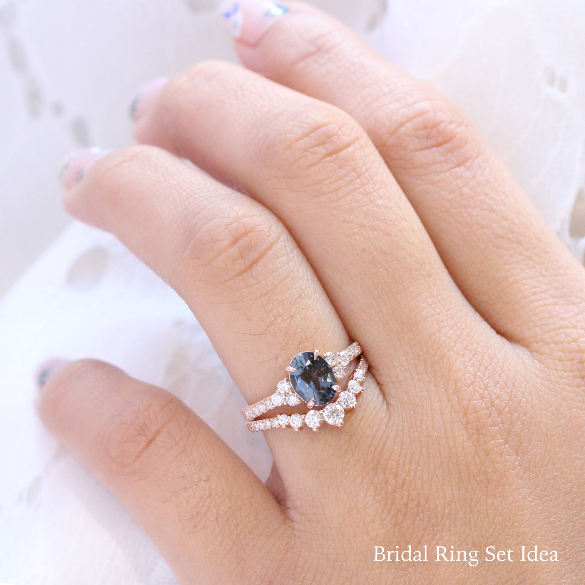 Oval Grey Spinel Diamond Ring in 14k Rose Gold 3 Stone Pave Band, Size 6.25