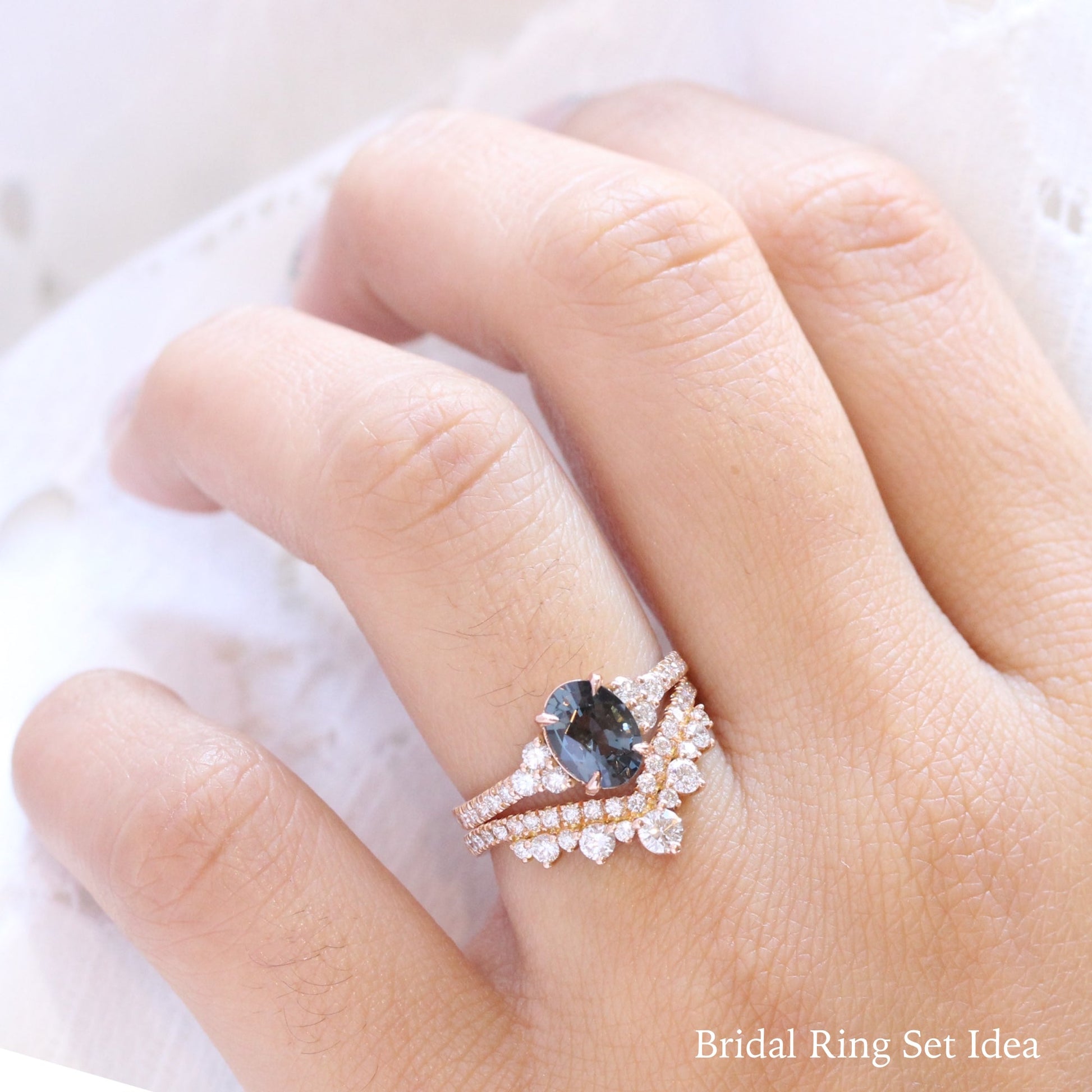 Oval Grey Spinel Diamond Ring in 14k Rose Gold 3 Stone Pave Band, Size 6.25