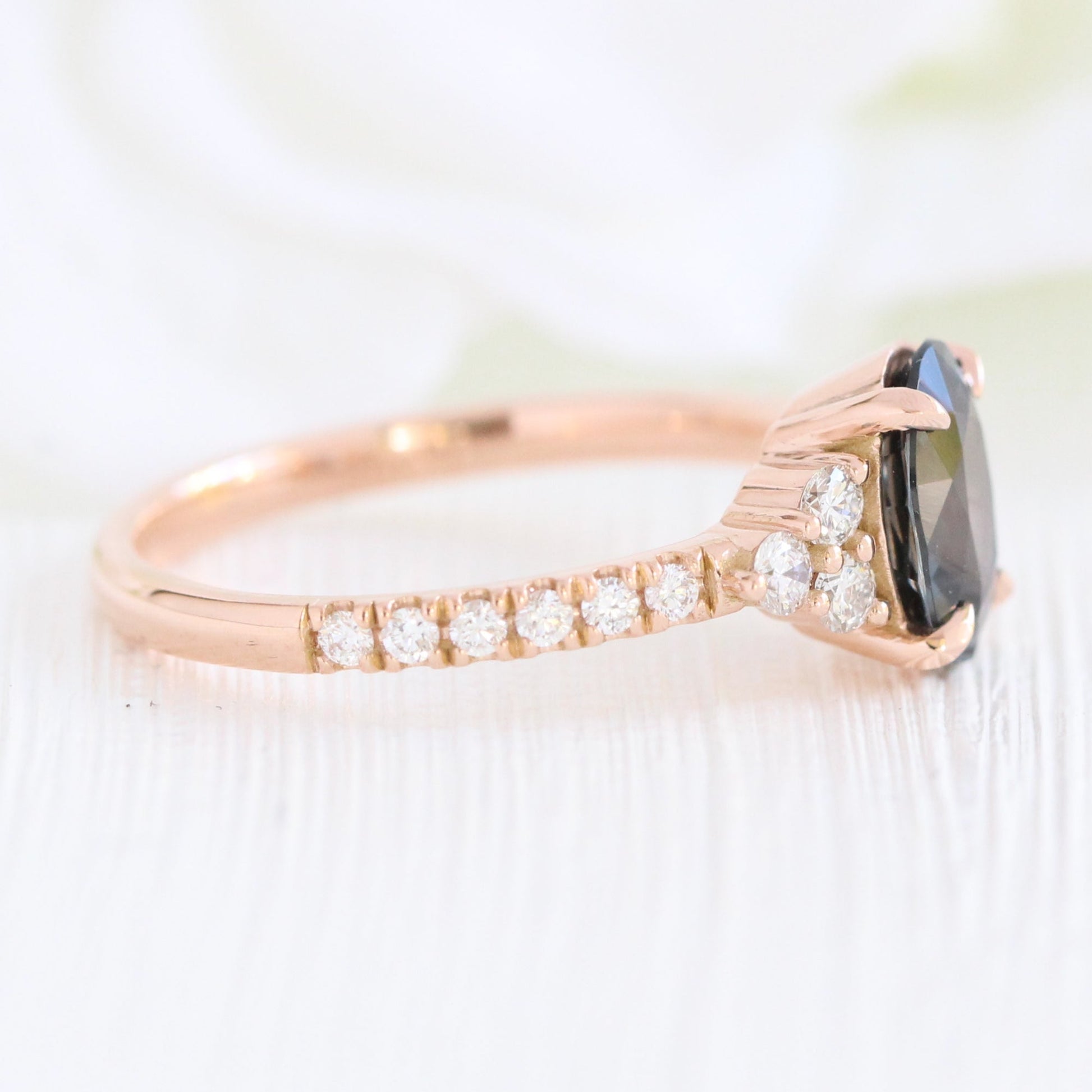 Oval Grey Spinel Diamond Ring in 14k Rose Gold 3 Stone Pave Band, Size 6.25