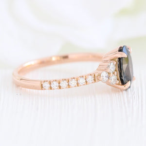 Oval Grey Spinel Diamond Ring in 14k Rose Gold 3 Stone Pave Band, Size 6.25