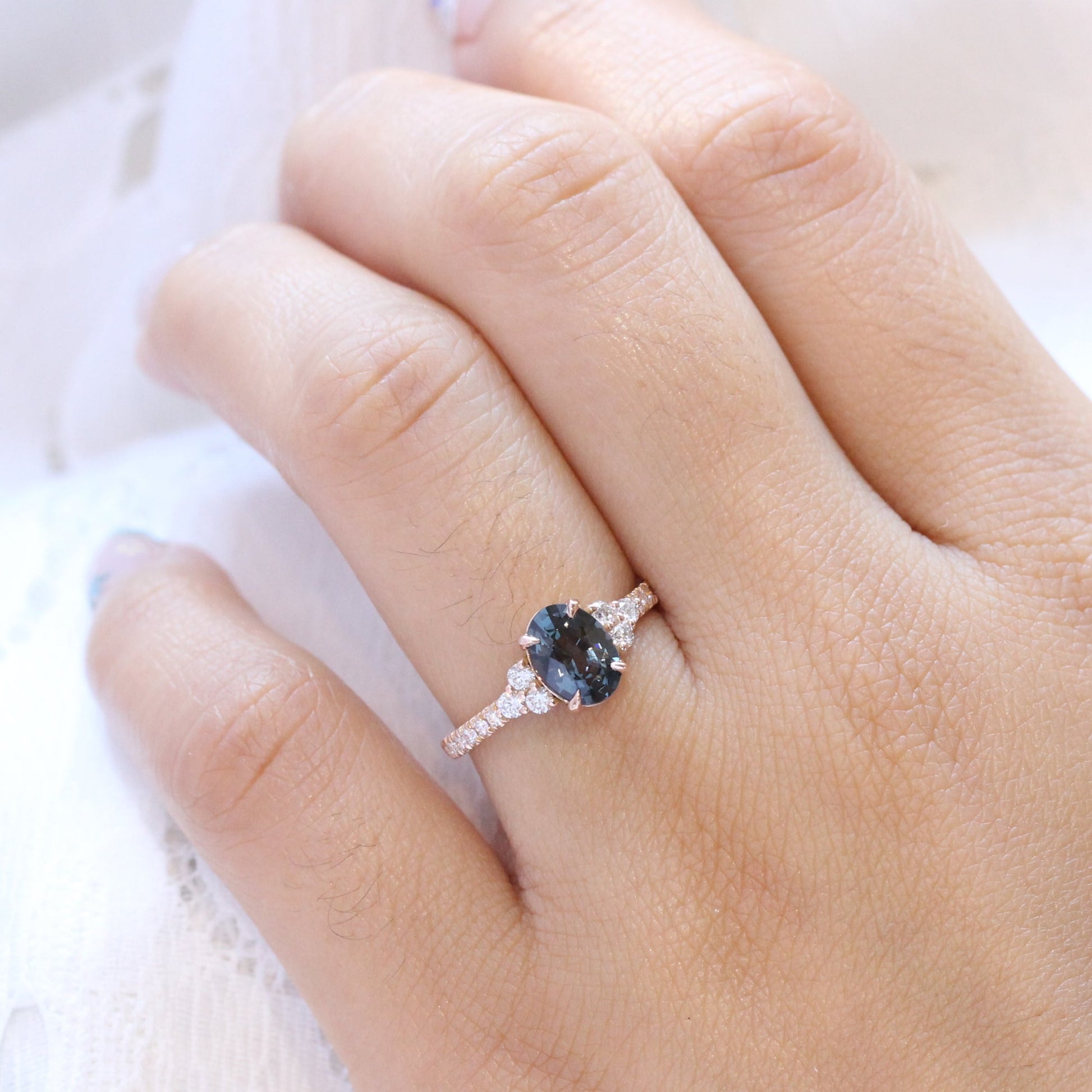 Oval Grey Spinel Diamond Ring in 14k Rose Gold 3 Stone Pave Band, Size 6.25