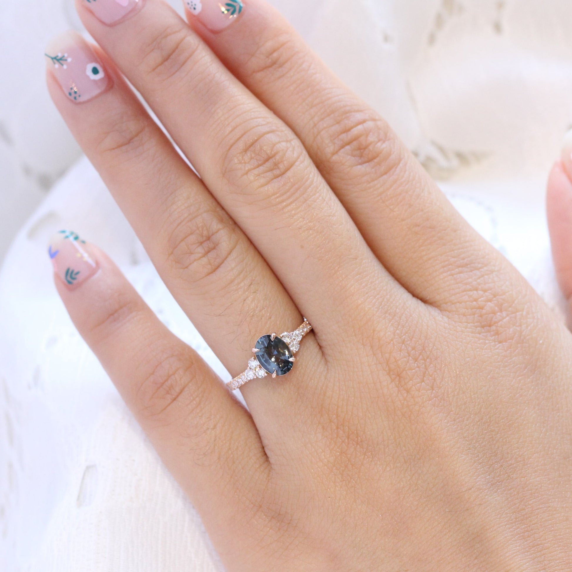 Oval Grey Spinel Diamond Ring in 14k Rose Gold 3 Stone Pave Band, Size 6.25