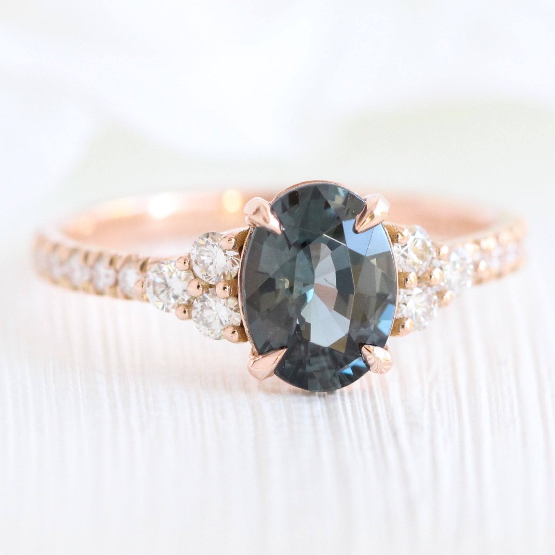 Oval Grey Spinel Diamond Ring in 14k Rose Gold 3 Stone Pave Band, Size 6.25