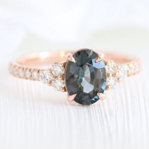 Oval Grey Spinel Diamond Ring in 14k Rose Gold 3 Stone Pave Band, Size 6.25