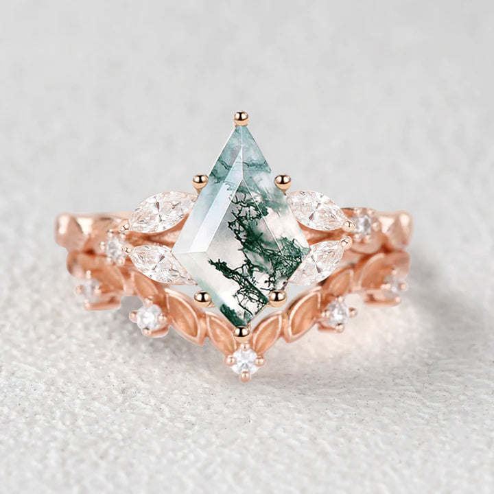 Nature Inspired - Kite Cut Moss Agate Leafy Engagement Ring Set 2pcs