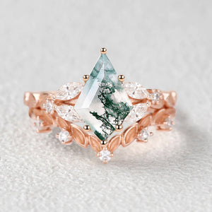 Nature Inspired - Kite Cut Moss Agate Leafy Engagement Ring Set 2pcs