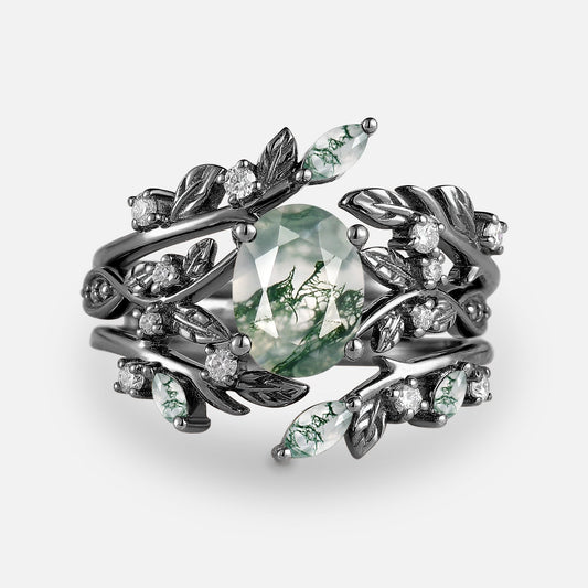 Leafy Oval Cut Moss Agate Engagement Ring Sets 2PCS