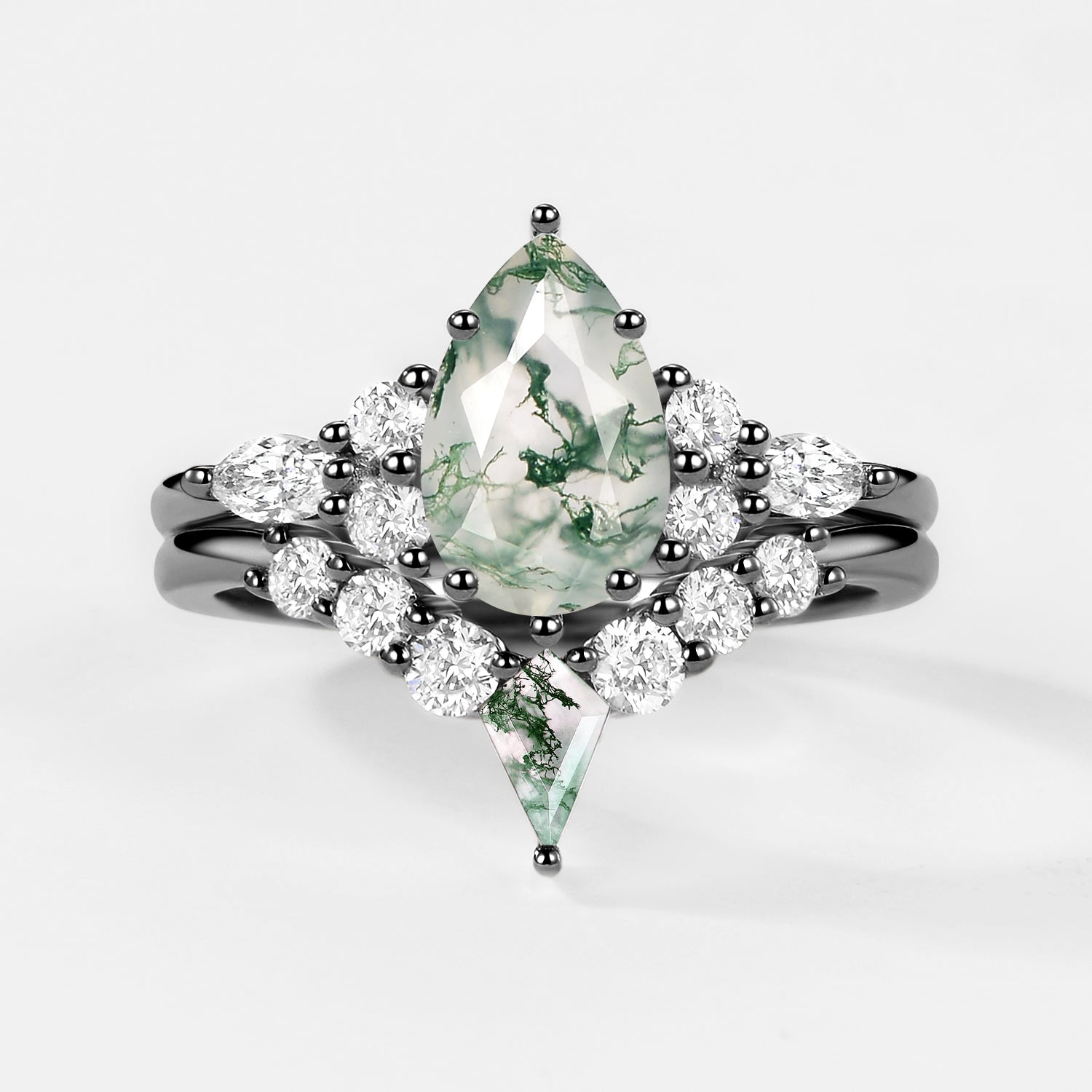 Twin Flames - Pear Cut Unique Moss Agate Engagement Ring Sets 2pcs - Zoey
