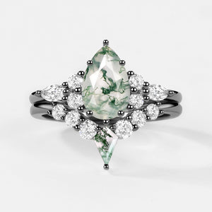 Twin Flames - Pear Cut Unique Moss Agate Engagement Ring Sets 2pcs - Zoey