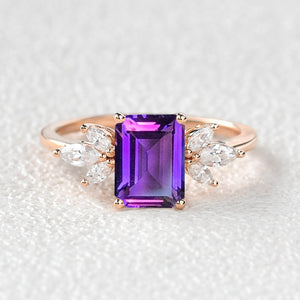 Emerald Cut Moss Agate Cluster Engagement Ring