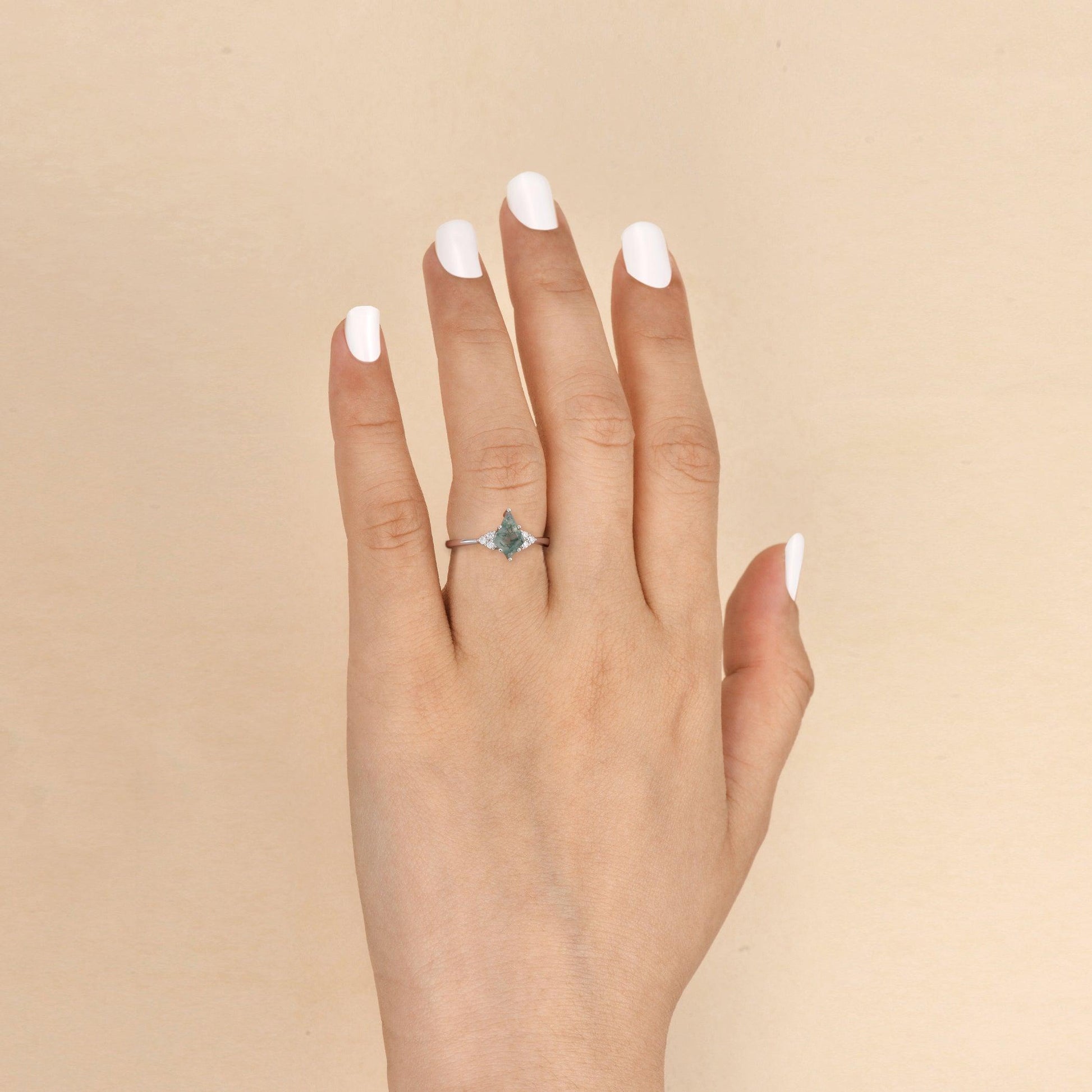 Unique Moss Agate Kite Cut Engagement Ring