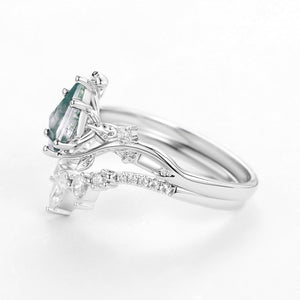 Kite Cut Moss Agate Leafy White Gold Engagement Ring Sets 2pcs