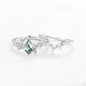 Kite Cut Moss Agate Leafy White Gold Engagement Ring Sets 2pcs
