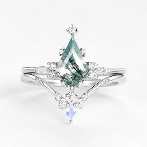 Unique Kite Cut Moss Agate & Moonstone Engagement Ring Sets 2pcs