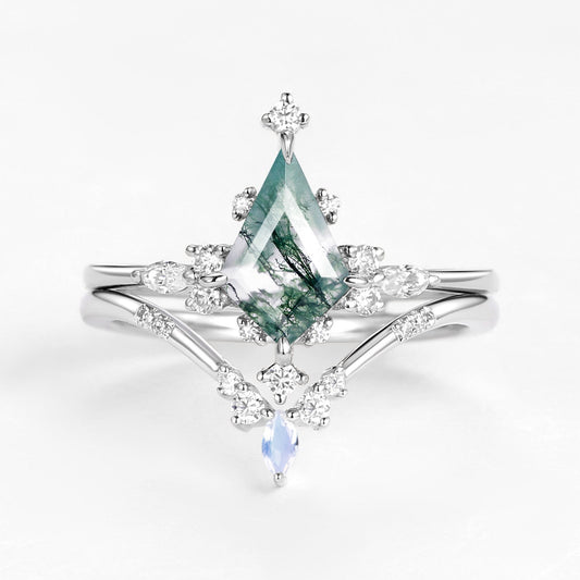 Unique Kite Cut Moss Agate & Moonstone Engagement Ring Sets 2pcs