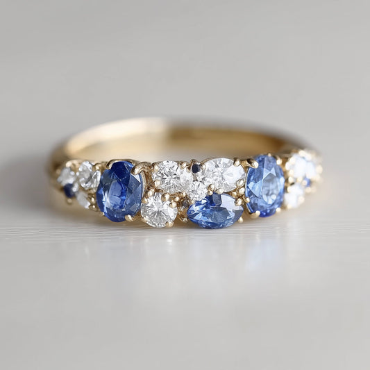 Cordelia‘s Wreath | Thistle Blue Sapphire & Moissanite Half‑Eternity Ring