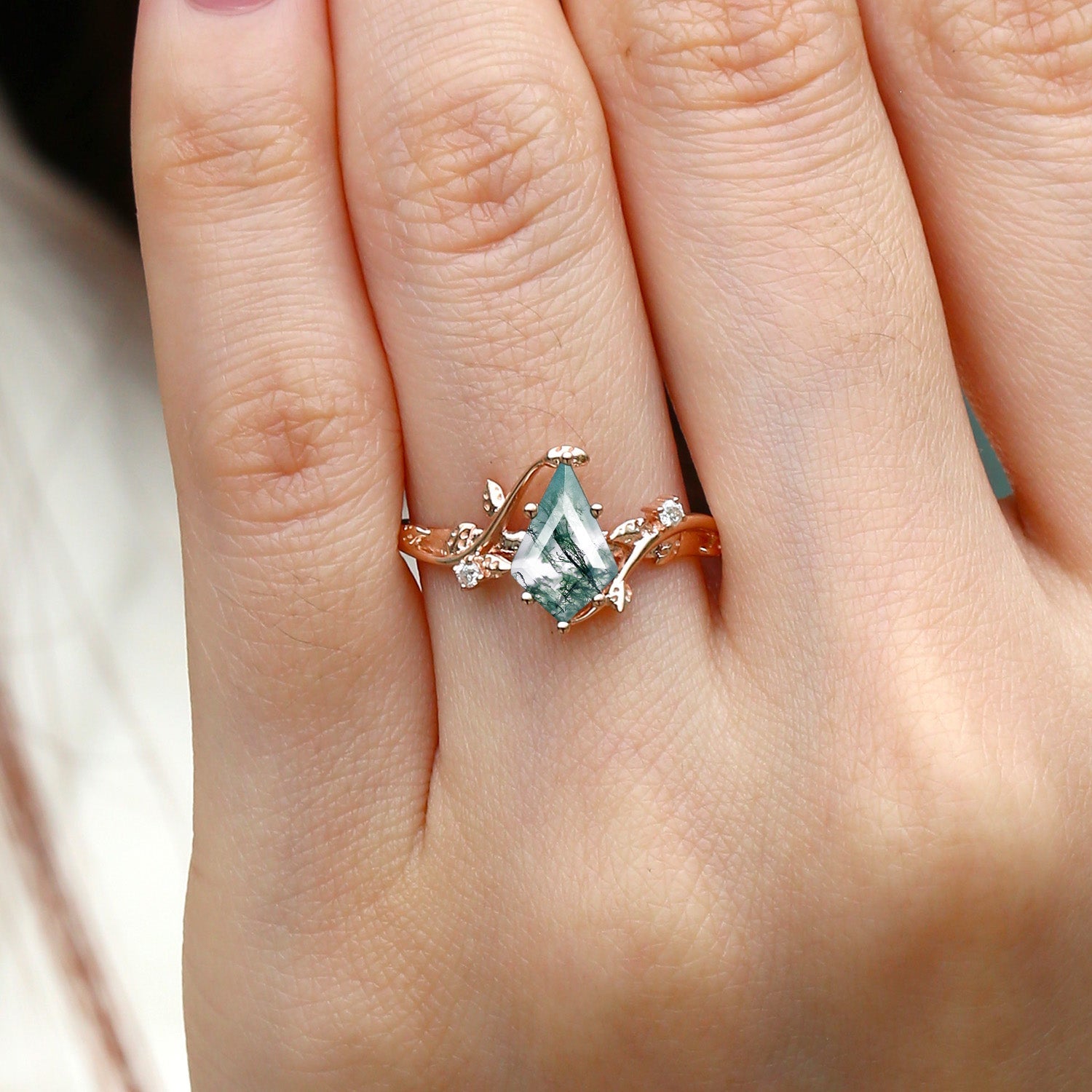 Black Gold Unique Moss Agate Leafy Engagement Ring - Willow