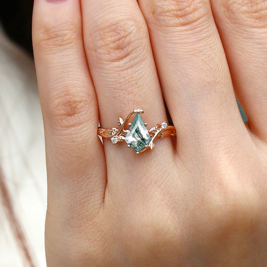 Willow Unique Kite Cut Moss Agate Leafy Engagement Ring