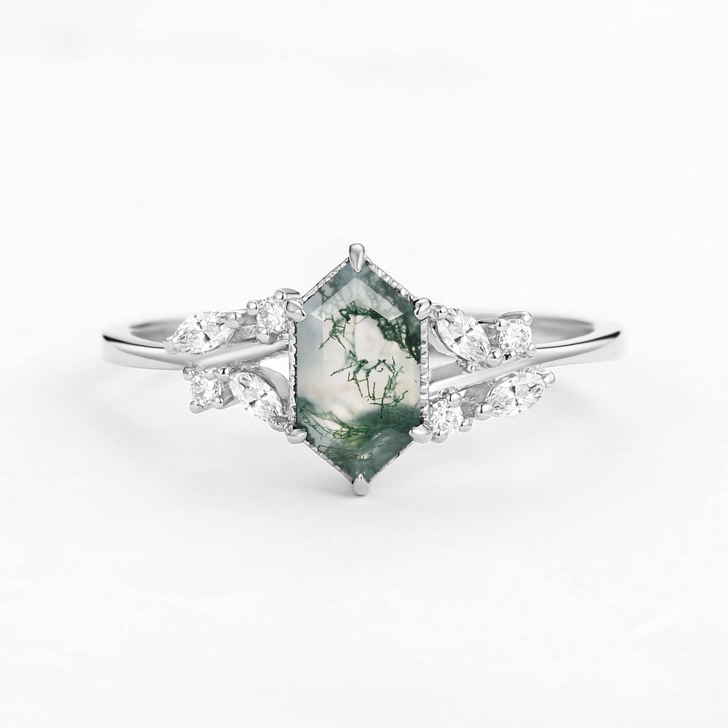 1.5ct Hexagon Moss Agate Leafy Moissanite Vintage Engagement Ring