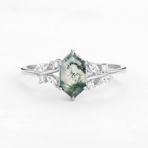 1.5ct Hexagon Moss Agate Leafy Moissanite Vintage Engagement Ring