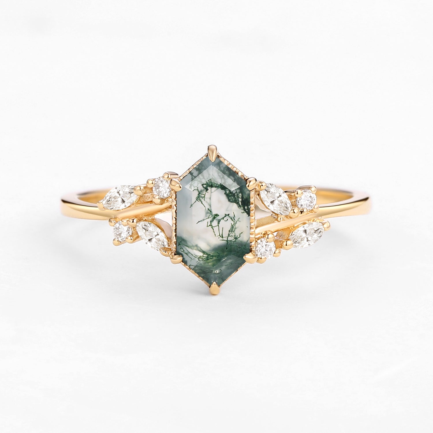 1.5ct Hexagon Moss Agate Leafy Moissanite Vintage Engagement Ring