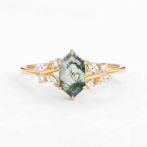 1.5ct Hexagon Moss Agate Leafy Moissanite Vintage Engagement Ring
