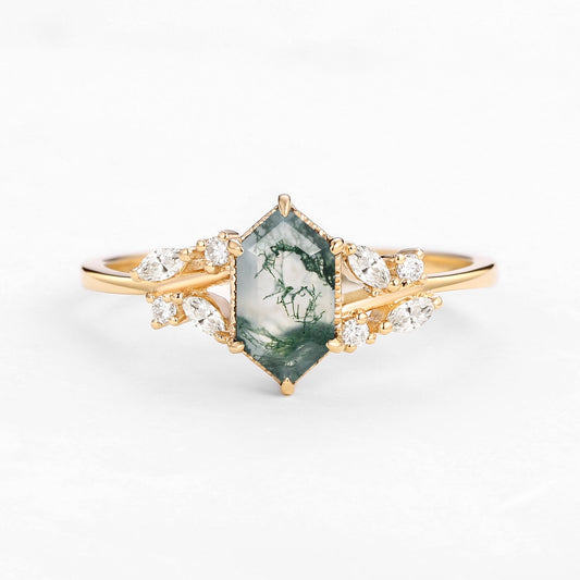 1.5ct Hexagon Moss Agate Leafy Moissanite Vintage Engagement Ring