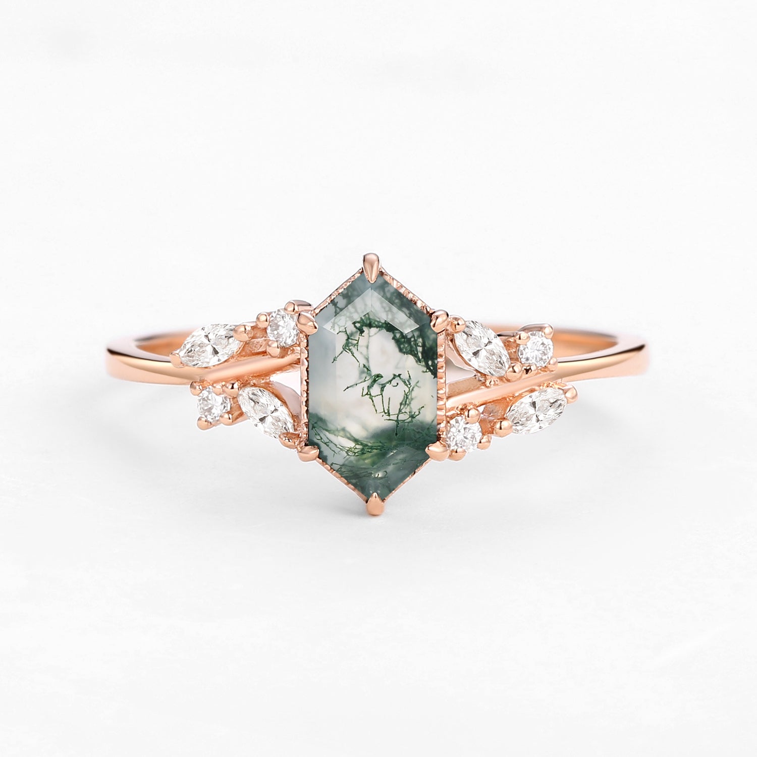 1.5ct Hexagon Moss Agate Leafy Moissanite Vintage Engagement Ring
