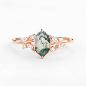 1.5ct Hexagon Moss Agate Leafy Moissanite Vintage Engagement Ring