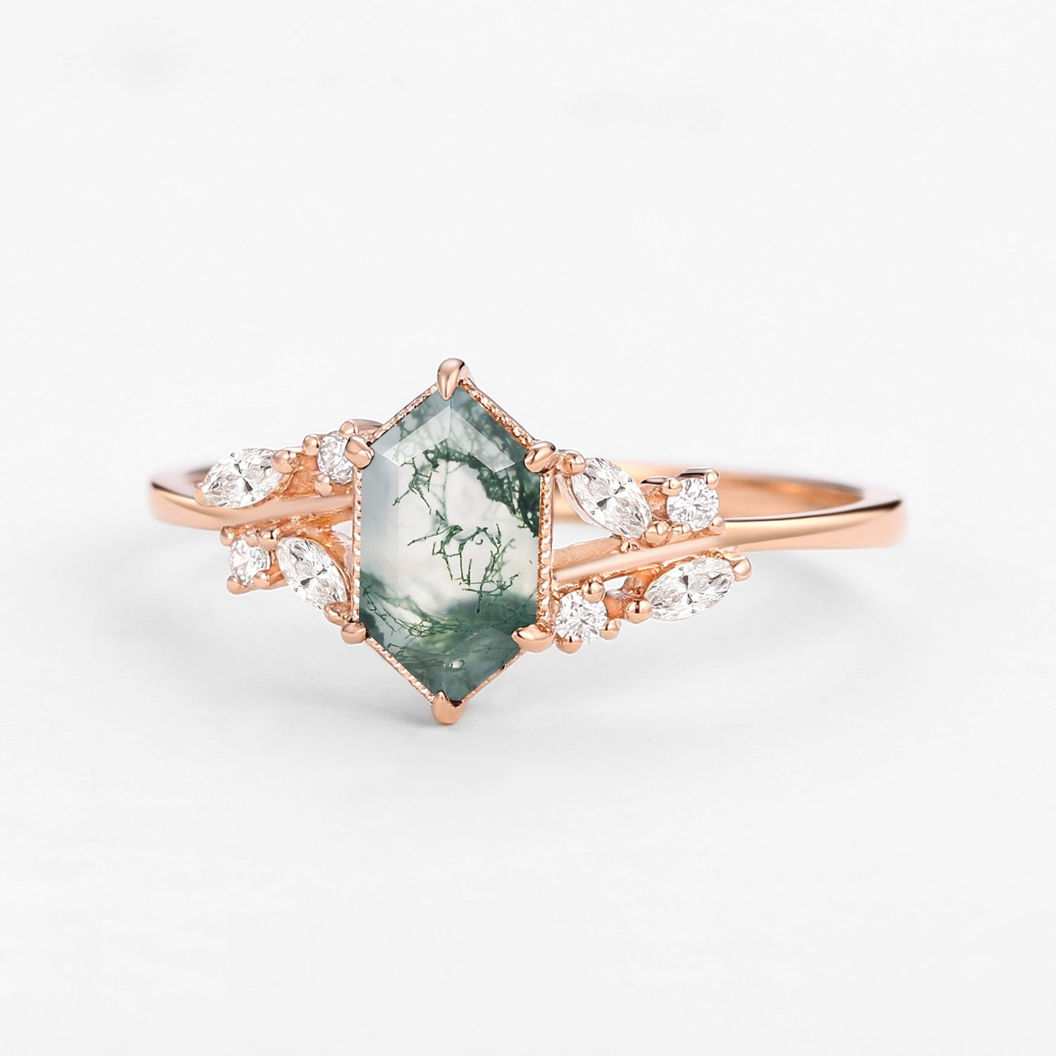 1.5ct Hexagon Moss Agate Leafy Moissanite Vintage Engagement Ring