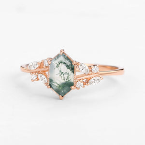 1.5ct Hexagon Moss Agate Leafy Moissanite Vintage Engagement Ring