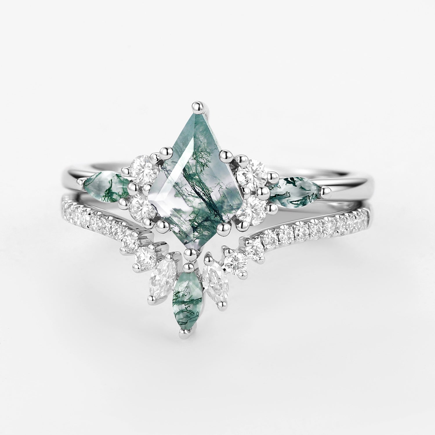 Kite Cut Green Moss Agate Three Stone Engagement Bridal Set 2pcs - Rebecca