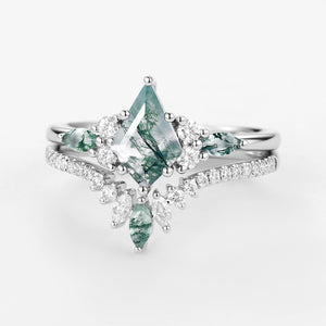 Kite Cut Green Moss Agate Three Stone Engagement Bridal Set 2pcs - Rebecca