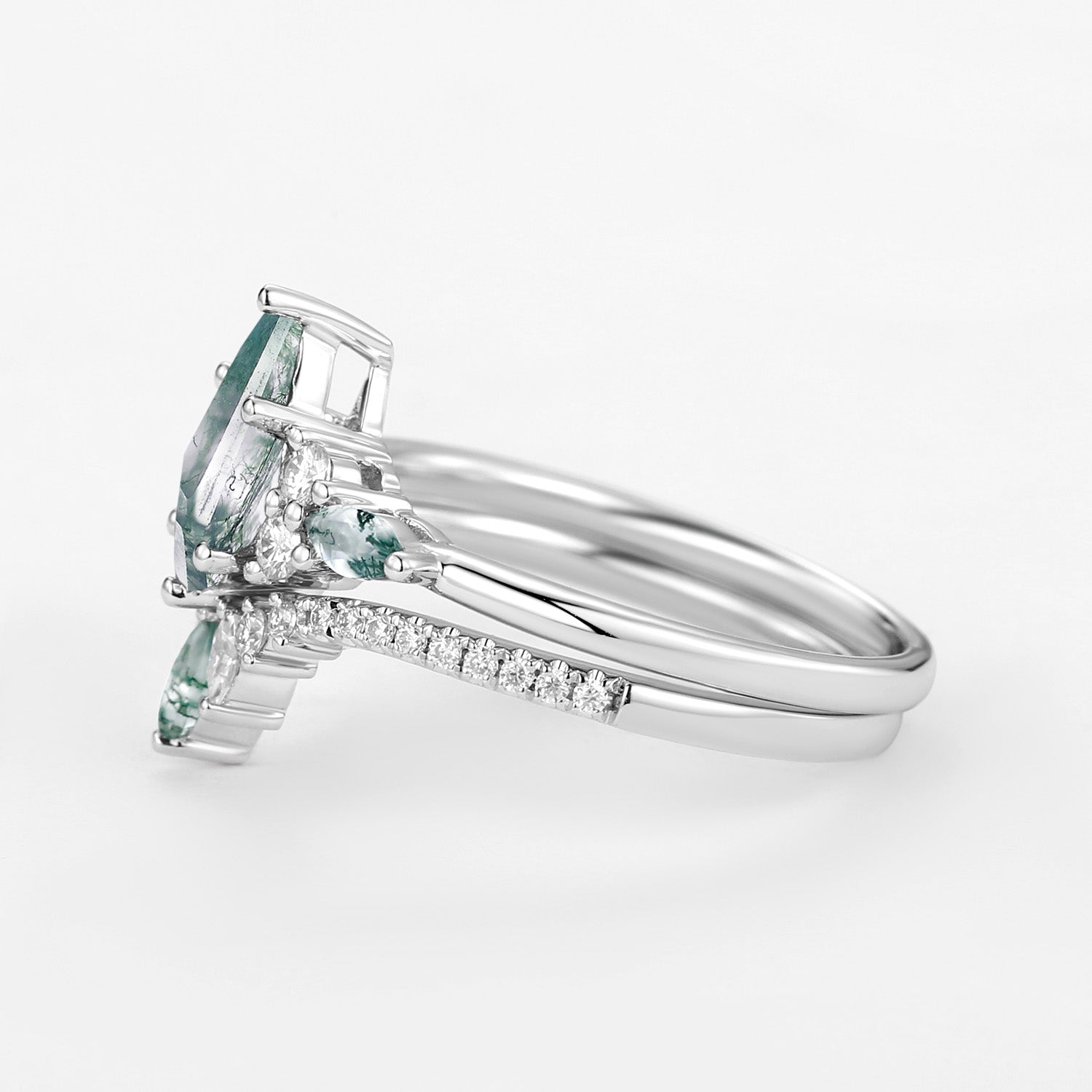 Kite Cut Green Moss Agate Three Stone Engagement Bridal Set 2pcs - Rebecca