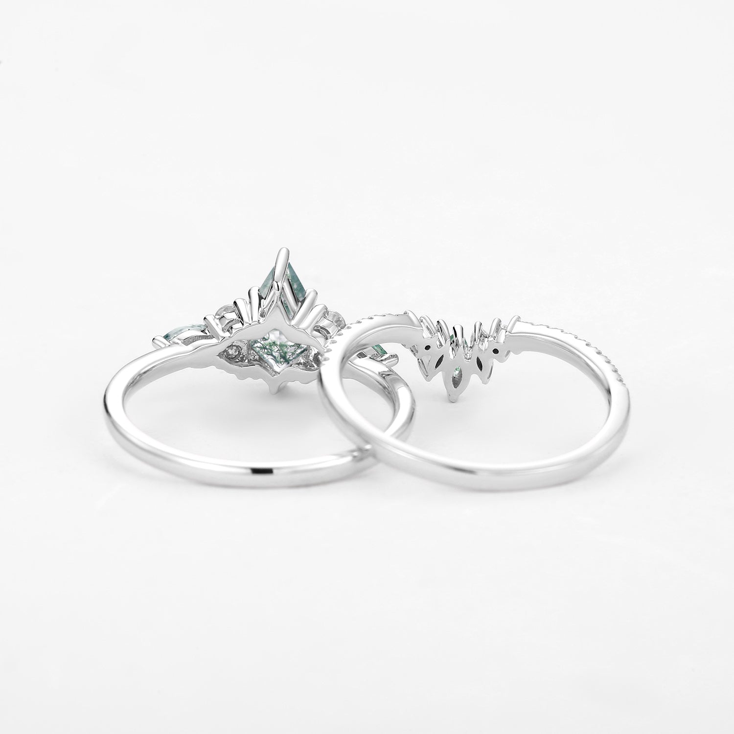 Kite Cut Green Moss Agate Three Stone Engagement Bridal Set 2pcs - Rebecca
