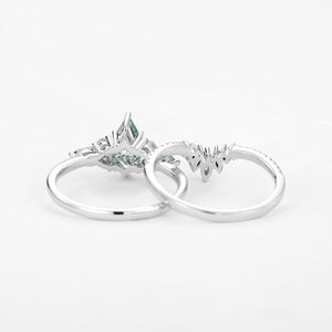 Kite Cut Green Moss Agate Three Stone Engagement Bridal Set 2pcs - Rebecca