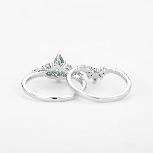 Kite Cut Green Moss Agate Three Stone Engagement Bridal Set 2pcs - Rebecca