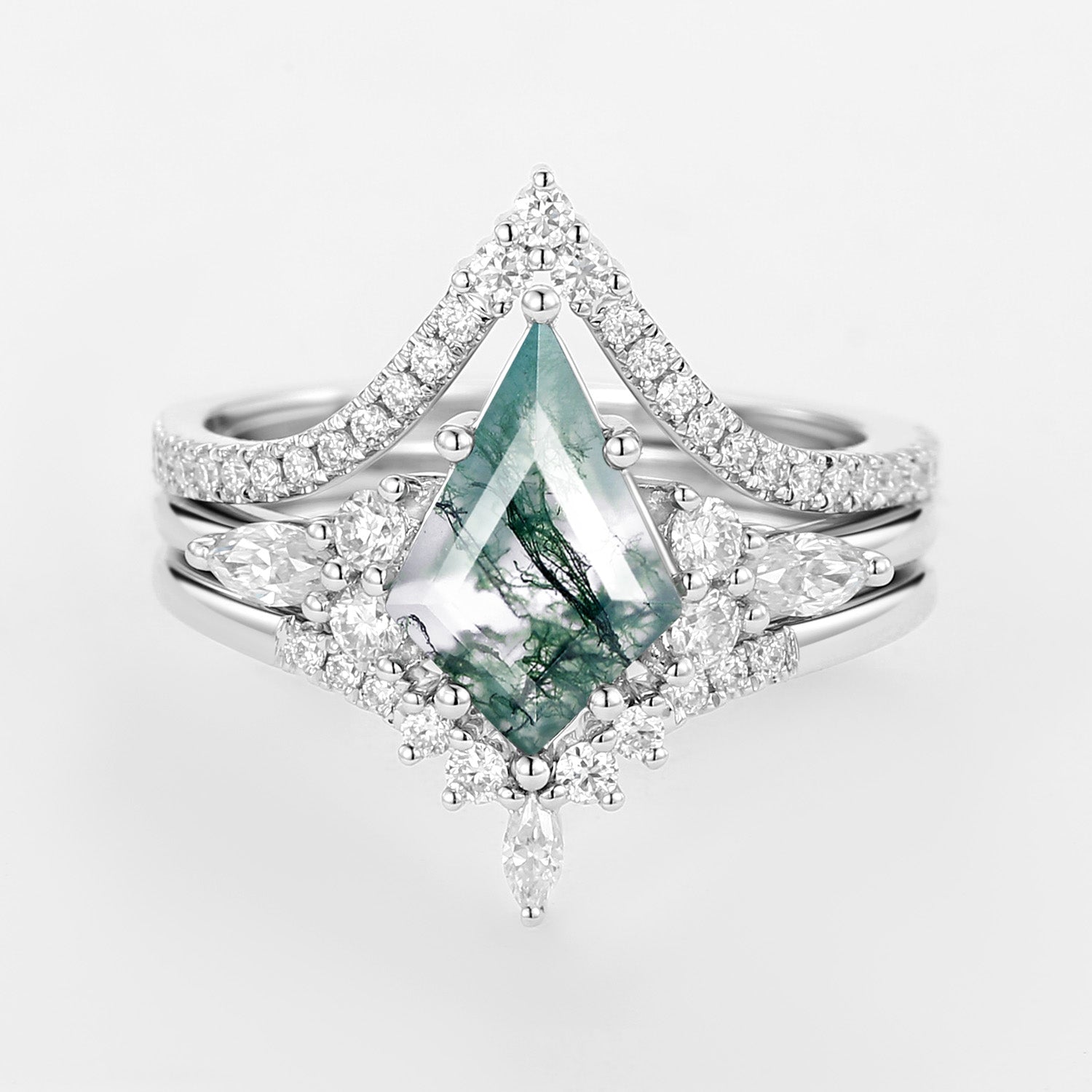 Kite Cut Green Moss Agate Engagement Ring Set 3pcs