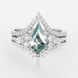 Kite Cut Green Moss Agate Engagement Ring Set 3pcs